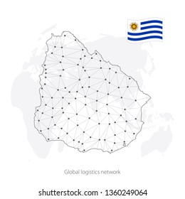 Global logistics network concept. Communications network map Uruguay on the world background. Map of Uruguay with nodes in polygonal style and flag. Vector illustration EPS10. 