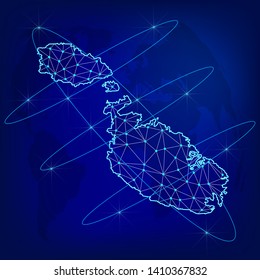 Global logistics network concept. Communications network map Malta on the world background. Map of Malta with nodes in polygonal style. Vector illustration EPS10. 