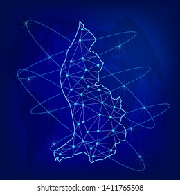Global logistics network concept. Communications network map Liechtenstein on the world background. Map of Liechtenstein with nodes in polygonal style. Vector illustration EPS10. 