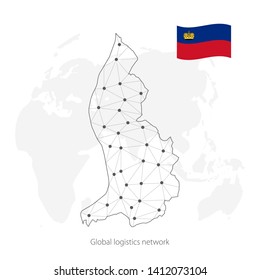 Global logistics network concept. Communications network map Liechtenstein on the world background. Map of Liechtenstein with nodes in polygonal style and flag. Vector illustration EPS10. 