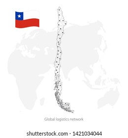 Global logistics network concept. Communications network map  Chile on the world background. Map of  Chile with nodes in polygonal style and flag. Vector illustration EPS10. 
