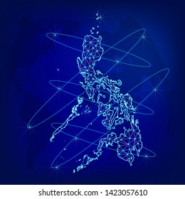 Global logistics network concept. Communications network map Philippines on the world background. Map of Philippines with nodes in polygonal style. Vector illustration EPS10. 