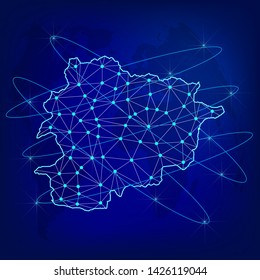Global logistics network concept. Communications network map Andorra on the world background. Map of Andorra with nodes in polygonal style. Vector illustration EPS10. 