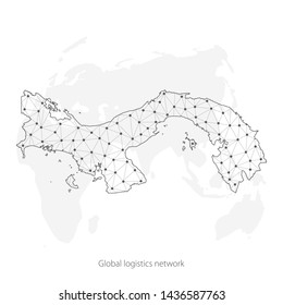 Global logistics network concept. Communications network map Panama  on the world background. Map of Panama with nodes in polygonal style. Vector illustration EPS10. 