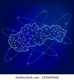 Global logistics network concept. Communications network map Slovakia on the world background. Map of Slovakia with nodes in polygonal style. Vector illustration EPS10. 