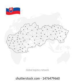 Global logistics network concept. Communications network map  Slovakia on the world background. Map of  Slovakia with nodes in polygonal style and flag. Vector illustration EPS10.