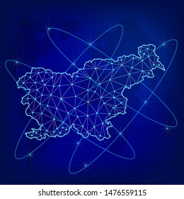 Global logistics network concept. Communications network map Slovenia on the world background. Map of Slovenia with nodes in polygonal style. Vector illustration EPS10. 