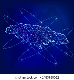 Global logistics network concept. Communications network map Jamaica on the world background. Map of Jamaica with nodes in polygonal style. Vector illustration EPS10. 