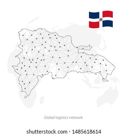 Global logistics network concept. Communications network map Dominican Republic on the world background. Map of  Dominican Republic with nodes in polygonal style and flag. Vector illustration EPS10. 