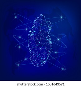 Global logistics network concept. Communications network map Qatar on the world background. Map of Qatar with nodes in polygonal style. Vector illustration EPS10. 