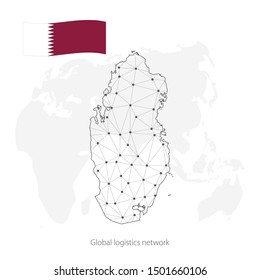 Global logistics network concept. Communications network map Qatar on the world background. Map of  Qatar with nodes in polygonal style and flag. Vector illustration EPS10. 
