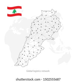 Global logistics network concept. Communications network map Lebanon on the world background. Map of  Lebanon with nodes in polygonal style and flag. Vector illustration EPS10. 