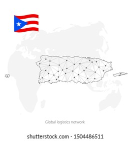 Global logistics network concept. Communications network map Puerto Rico on the world background. Map of  Puerto Rico with nodes in polygonal style and flag. Vector illustration EPS10. 