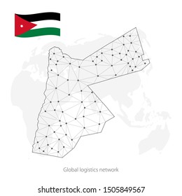 Global logistics network concept. Communications network map Jordan on the world background. Map of  Jordan with nodes in polygonal style and flag. Vector illustration EPS10. 
