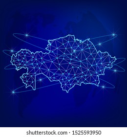 Global logistics network concept. Communications network map Kazakhstan on the world background. Map of  Kazakhstan  with nodes in polygonal style. Vector illustration EPS10. 