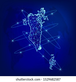 Global logistics network concept. Communications network map Bahrain on the world background. Map of  Bahrain  with nodes in polygonal style. Vector illustration EPS10. 