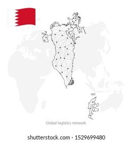 Global logistics network concept. Communications network map Bahrain on the world background. Map of Bahrain with nodes in polygonal style and national flag.  EPS10.