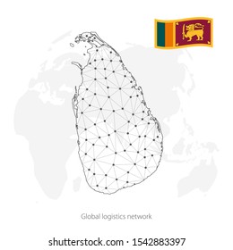 Global logistics network concept. Communications network map Sri Lanka on the world background. Map of  Sri Lanka with nodes in polygonal style and national flag.  EPS10.