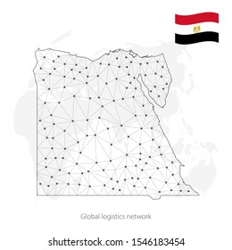 Global logistics network concept. Communications network map Egypt on the world background. Map of  Egypt with nodes in polygonal style and national flag.  EPS10.