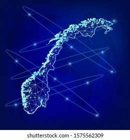 Global logistics network concept. Communications network map of Norway on the world background. Map of Norway with nodes in polygonal style. Vector illustration EPS10. 