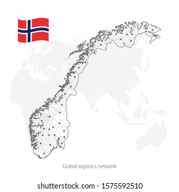 Global logistics network concept. Communications network map Norway on the world background.  Map of  Norway with nodes in polygonal style and national flag.  EPS10.