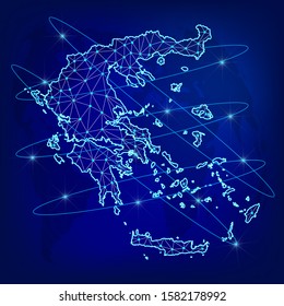 Global logistics network concept. Communications network map of Greece on the world background. Map of Greece with nodes in polygonal style. Vector illustration EPS10. 