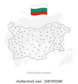 Global logistics network concept. Communications network map of Bulgaria  on the world background.  Map of  Bulgaria  with nodes in polygonal style and national flag.  EPS10.