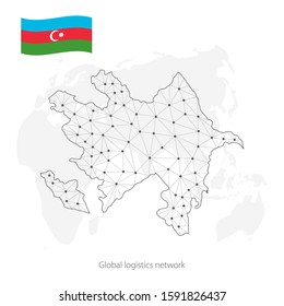 Global logistics network concept. Communications network map of Azerbaijan   on the world background.  Map of  Azerbaijan   with nodes in polygonal style and national flag.  EPS10.