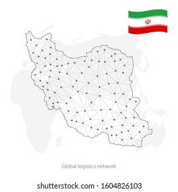 Global logistics network concept. Communications network map of Iran on the world background.  Map of  Iran  with nodes in polygonal style and national flag.  EPS10.