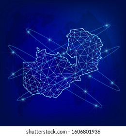 Global logistics network concept. Communications network map of Zambia on the world background. Map of Zambia with nodes in polygonal style. EPS10. 