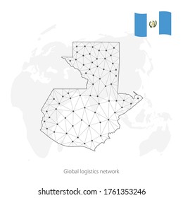 Concepto de red logística global. Mapa de la red de comunicaciones de Guatemala en el fondo del mundo.  Mapa de Guatemala con nodos de estilo poligonal y bandera nacional. América Central. EPS10.