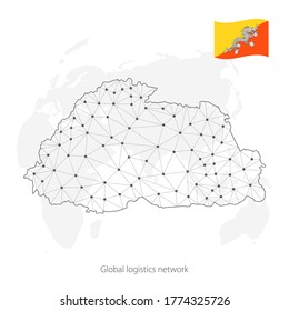 Global logistics network concept. Communications network map of Bhutan on the world background. Map of Bhutan with nodes in polygonal style and flag. Vector illustration EPS10. 