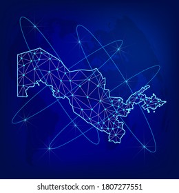Concepto de red logística global. Mapa de la red de comunicaciones de Uzbekistán en el contexto mundial. Mapa de Uzbekistán con nodos de estilo poligonal. EPS10. 