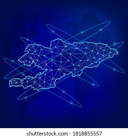 Global logistics network concept. Communications network map of  Kyrgyzstan on the world background. Map of  Kyrgyzstan with nodes in polygonal style. EPS10. 