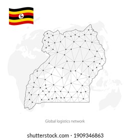 Global logistics network concept. Communications network map Republic of Uganda on the world background. Map Uganda with nodes in polygonal style and flag.  EPS10. 