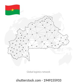 Concepto de red logística global. Mapa de la red de comunicaciones de Burkina Faso sobre el fondo del mundo. Mapa Burkina Faso con nodos de estilo poligonal y bandera.  EPS10. 