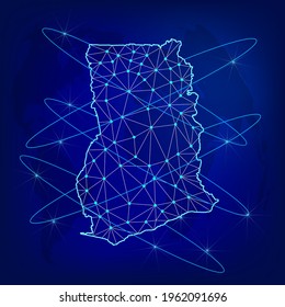 Global logistics network concept. Communications network map Ghana on the world background. Map Republic of Ghana with nodes in polygonal style. EPS10. 