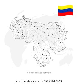 Global logistics network concept. Communications network map Venezuela  on the world background. Map of Venezuela  with nodes in polygonal style and flag.  EPS10. 