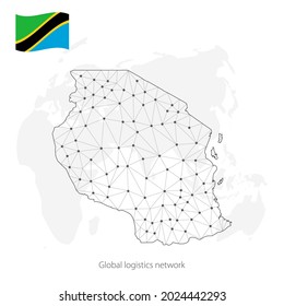 Global logistics network concept. Communications network map Tanzania on the world background. Map Tanzania with nodes in polygonal style and flag.  EPS10. 
