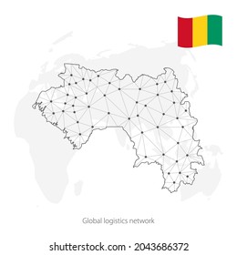 Global logistics network concept. Communications network map Guinea on the world background. Map of Guinea with nodes in polygonal style and flag.  EPS10. 