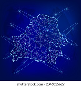 Concepto de red logística global. Mapa de la red de comunicaciones Bielorrusia en el contexto mundial. Mapa República de Bielorrusia con nodos de estilo poligonal. EPS10. 