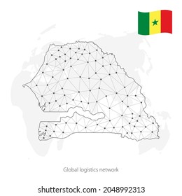 Concepto de red logística global. Mapa de la red de comunicaciones Senegal en el fondo del mundo. Mapa de Senegal con nodos en estilo poligonal y bandera.  EPS10. 
