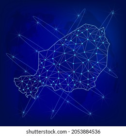 Globales Logistiknetzkonzept. Netzwerkkarte Niger auf weltweitem Hintergrund. Karte Republik Niger mit Knoten in polygonal Stil. EPS10. 
