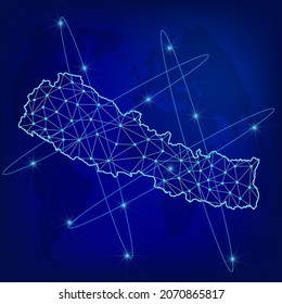 Global logistics network concept. Communications network map Nepal on the world background. Map of Nepal with nodes in polygonal style. EPS10. 