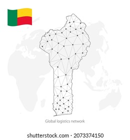 Global logistics network concept. Communications network map Benin on the world background. Map of Benin with nodes in polygonal style and flag.  EPS10. 