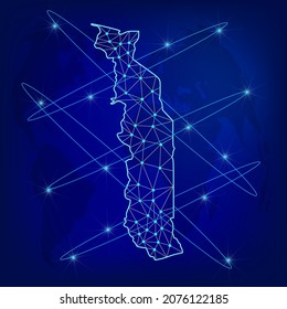 Concepto de red logística global. Mapa de la red de comunicaciones de Togo sobre el telón de fondo mundial. Mapa de Togo con nodos de estilo poligonal. EPS10.