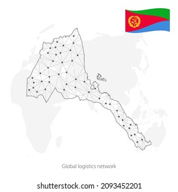 Global logistics network concept. Communications network map Eritrea on the world background. Map State of Eritrea  with nodes in polygonal style and flag.  EPS10.