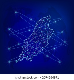 Global logistics network concept. Communications network map Isle of Man on the world background. Map Isle of Man with nodes in polygonal style. EPS10.