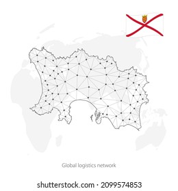 Concepto de red logística global. Mapa de la red de comunicaciones de Jersey en el fondo del mundo. Mapa de Bailiwick de Jersey con nodos de estilo poligonal y bandera. Ilustración del vector EPS10. 