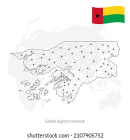 Global logistics network concept. Communications network map Guinea-Bissau on the world background. Map Republic of Guinea-Bissau  with nodes in polygonal style and flag.  EPS10.